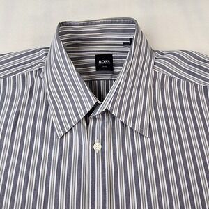 HUGO BOSS Fitted Gray Striped Mens Size XXL Dress Button Up‎ Shirt Long Sleeve